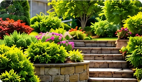 Lush garden with stone steps and flowers