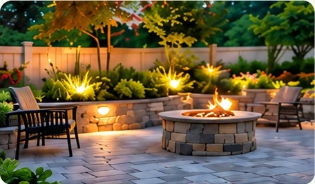 Warm-lit patio with seating and a fire feature