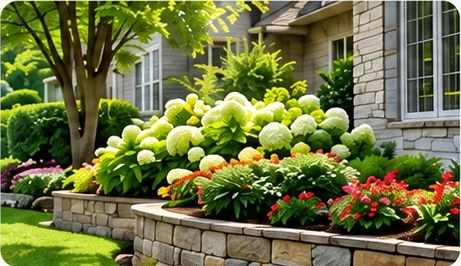 Hydrangea garden beside a suburban house